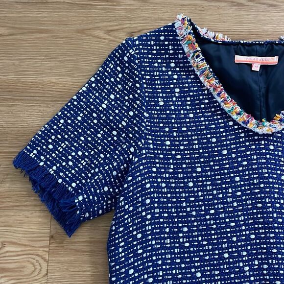 Vilagallo Womens Blue Tweed Fringe Hem Dress Size 44 Classic Office Workwear - Picture 3 of 7